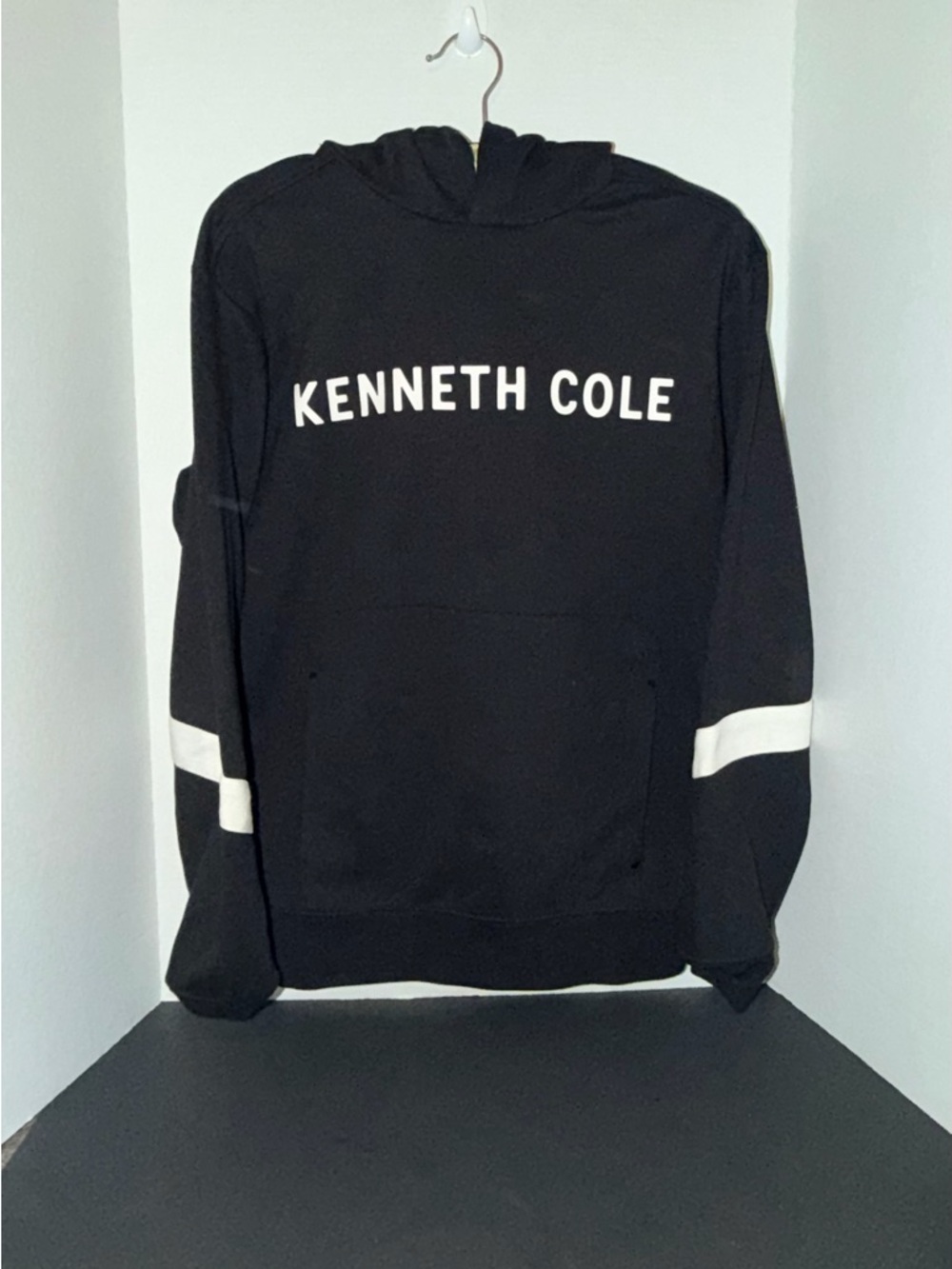Kenneth Cole Black Hoodie Sweater with White Logo & Sleeve Stripes